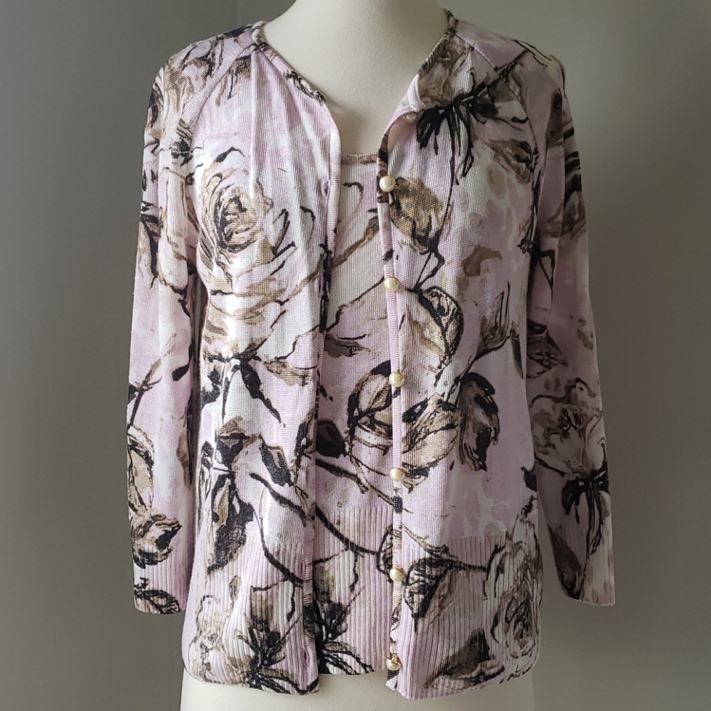St John Floral Rose 2-Piece Knit Cardigan & Tank Sweater Set S/P